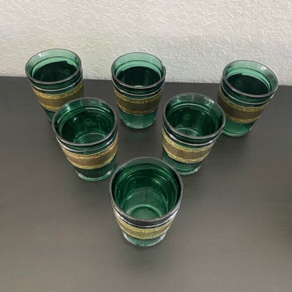 RARE! Vintage MCM Emerald Green Leather Banded Tumbler Glasses Set of 6 - Picture 3 of 14